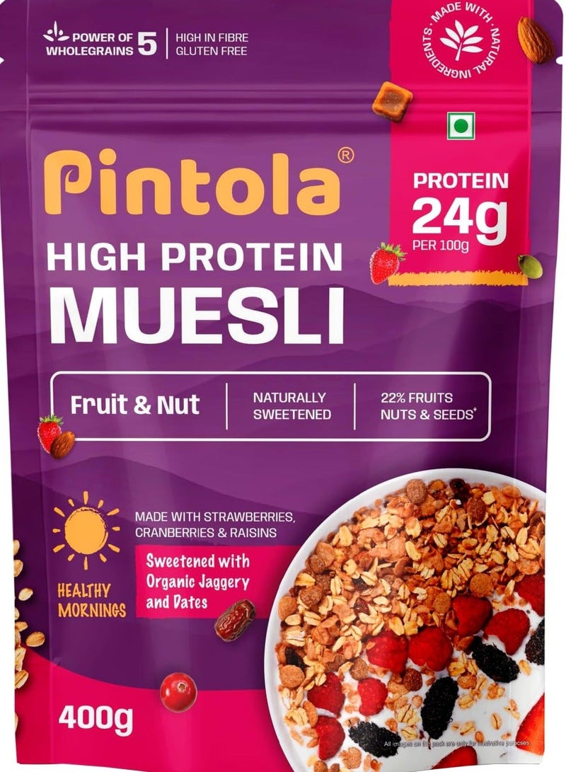 PINTOLA 24G Protein Added Muesli, Fruit & Nut 400g | 0% Refined Sugar | Gluten Free | Power of 5 Wholegrains | 22% Fruits, Nuts & Seeds | With Strawberries, Cranberries & Raisins | Sweetened with Organic Jaggery & Dates | Perfect Breakfast - Image 1